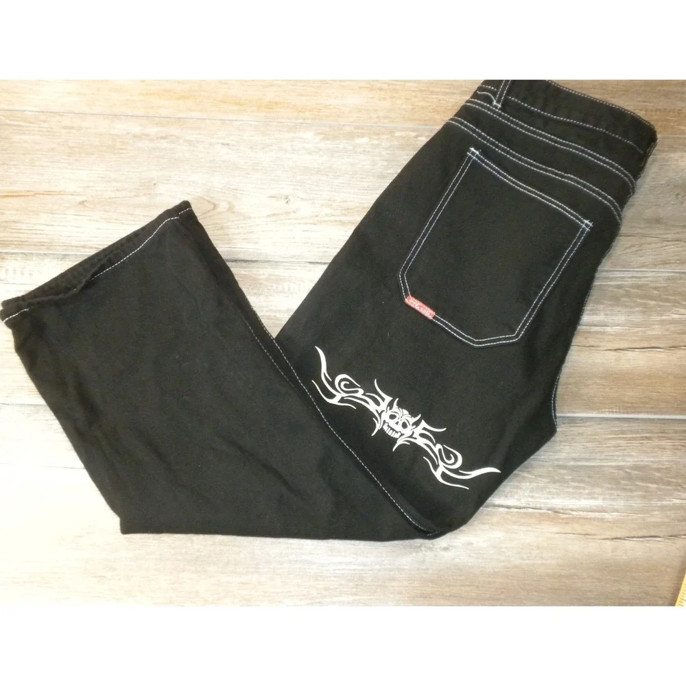 JNCO Jeans Mens XXL 34x28 Black Denim Snakebite Tribal Skull 90s Y2K Rave Skater